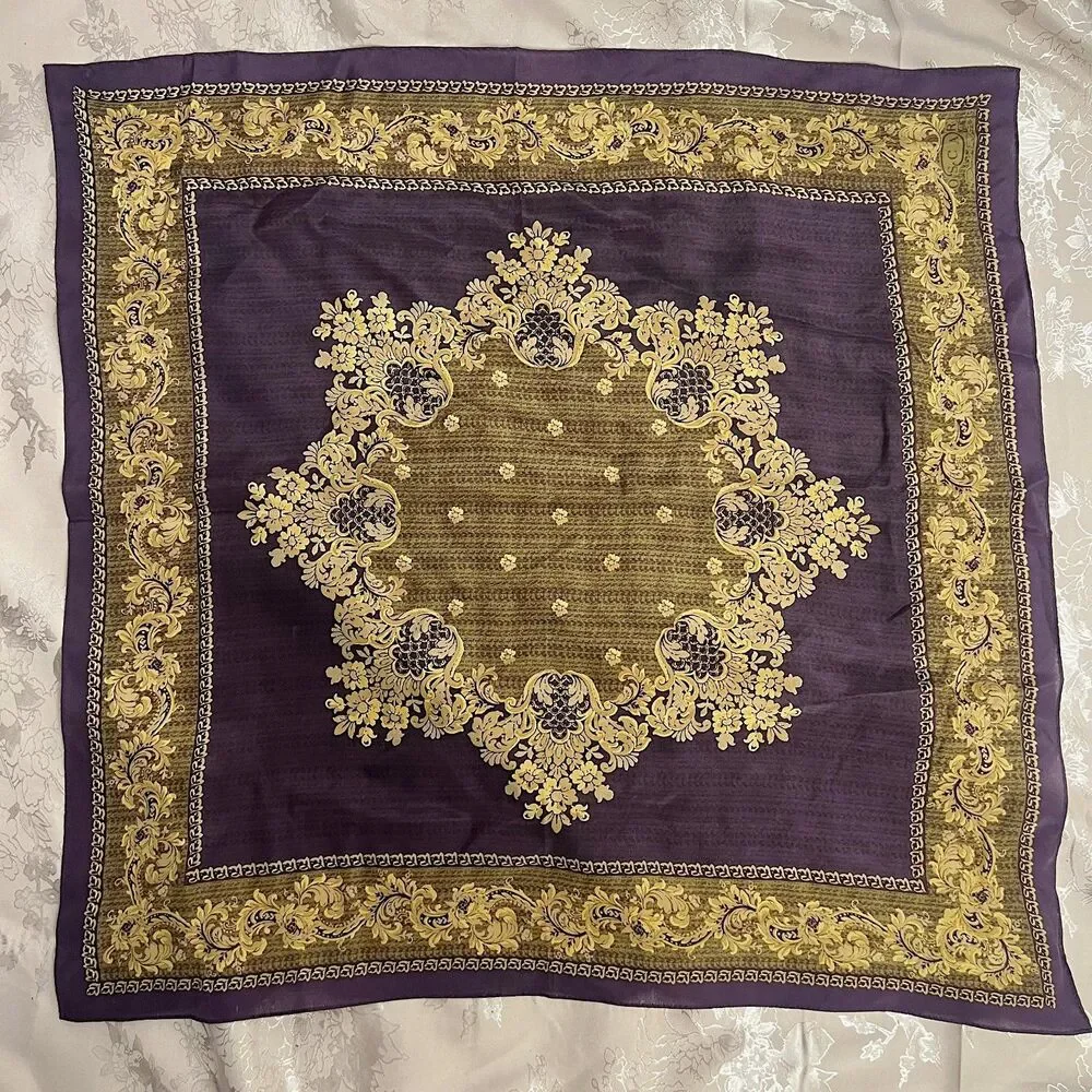 Vintage Oscar de la Renta Silk Scarf Plum Gold Detailing 21